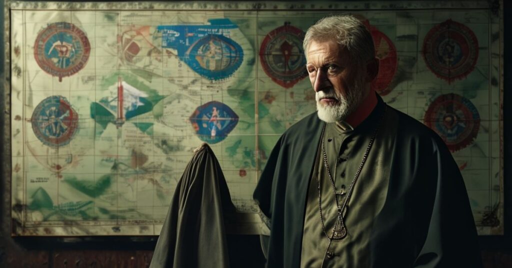 Portret Timothy'ego Broglii przed mapą Grenlandii, symbolizujący relatywizowanie zasad wojny sprawiedliwej przez nowoczesne "duchowieństwo" wojskowe.