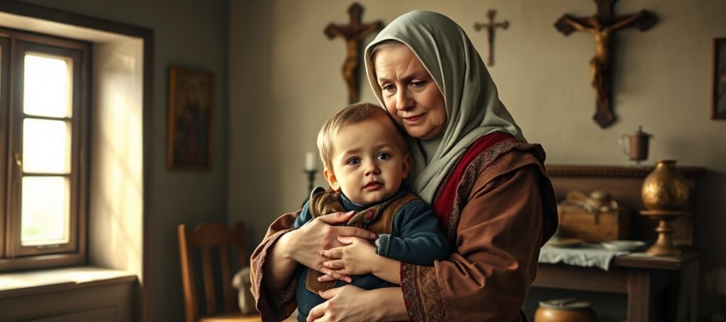 Bronisława Kurpi trzymająca małego Abrahama Foxmana w ramionach w tradycyjnym polskim domu z ikonami religijnymi na ścianach