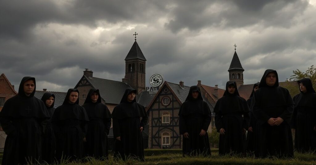 Ciemna ilustracja przejęcia browaru Weltenburger przez firmę Schneider Weisse, przedstawiająca mnichów benedyktyńskich w smutku