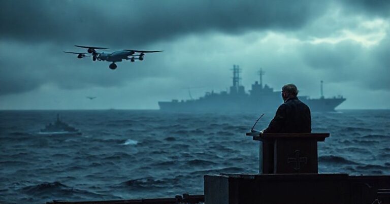 Zdjęcie przedstawiające brytyjską strategię obrony Atlantyku przed zagrożeniami rosyjskimi, krytykującą ludzką pychę i zaufanie do technologii z perspektywy katolickiej