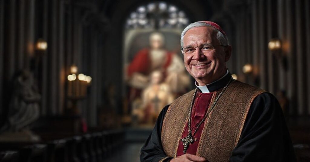 Ciemna scena w katedrze przedstawiająca modernistycznego biskupa w tradycyjnych szatach biskupich, ale jego postawa i wyraz twarzy zdradzają brak szacunku. Na tle widać rozmyte postacie anglikańskiego monarchy i fałszywego papieża w Kaplicy Sykstyńskiej, symbolizujące ekumeniczną apostazję.