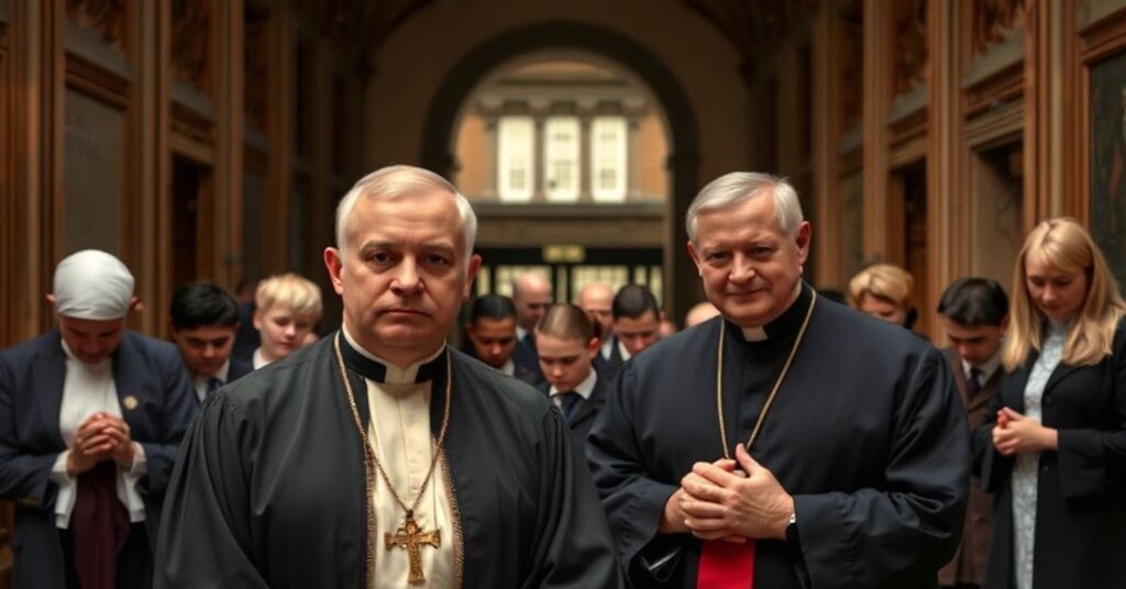 Scena w sądzie z biskupem i kapłanem przed słynącym wyrokiem przeciwko chrześcijańskiej edukacji w szkołach Irlandii Północnej.