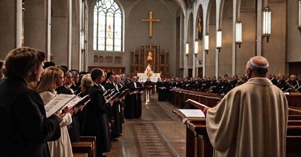 Scena liturgiczna w sanktuarium św. Rity w Bydgoszczy przedstawiająca modernistyczny kult muzyki kościelnej zamiast tradycyjnego kultu Bożego