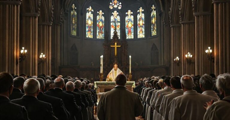 Seriousne zebranie katolickie w ciemnym katedralnym wnętrzu z tradycyjnymi witrażami. Pseudo-eucharystia prowadzona przez modernistycznego księdza Jakuba Fotina w niepewnej szacie kapłańskiej. W tle zgromadzeni prawnicy (w tym Jarosław Kaczmarek) modlą się z pustymi twarzami. Ołtarz zdobią świeckie symbole zamiast sakralnych naczyń.