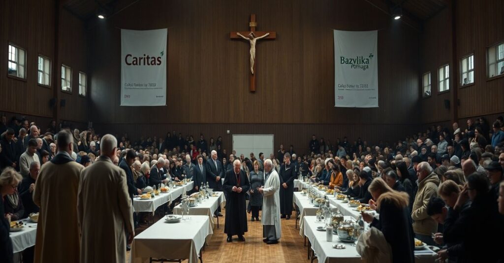 Mroczny widok sali sportowej 'Łuczniczka' w Bydgoszczy podczas naturalistycznej uczty wielkanocnej organizowanej przez Caritas pod okupacją posoborowych struktur.