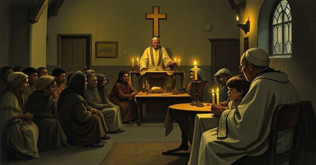 Tradycyjna katolicka scenka Bożego Narodzenia w prostej świątyni z kapłanem celebrującym Mszę Pojednania i grupą ubogich. Na tle widoczna jest pseudo-hierarchia modernistyczna słuchająca opowieści bezdomnych.