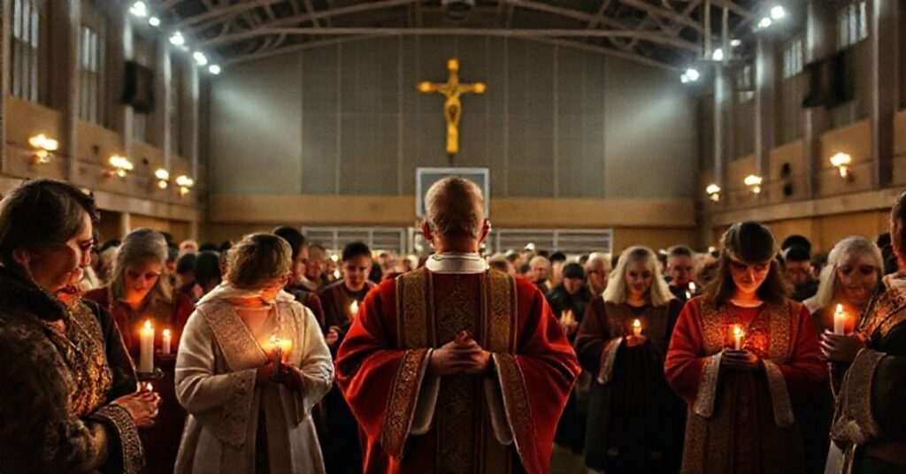 Grupa ludzi podczas katolickiego nabożeństwa w hali sportowej z krzyżem i świecami.