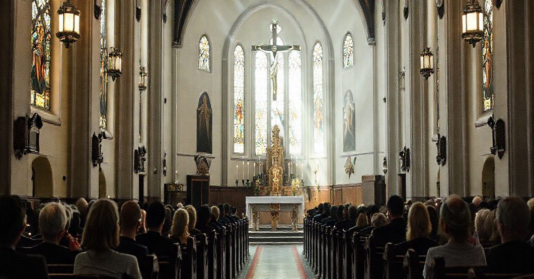 Sobórzysty kościół Św. Polskich Braci Męczenników w Bydgoszczy podczas mszy upamiętniającej śmierć ks. Jerzego Popiełuszki, z akcentem na tradycyjną pobożność i prawdziwe męczeństwo.