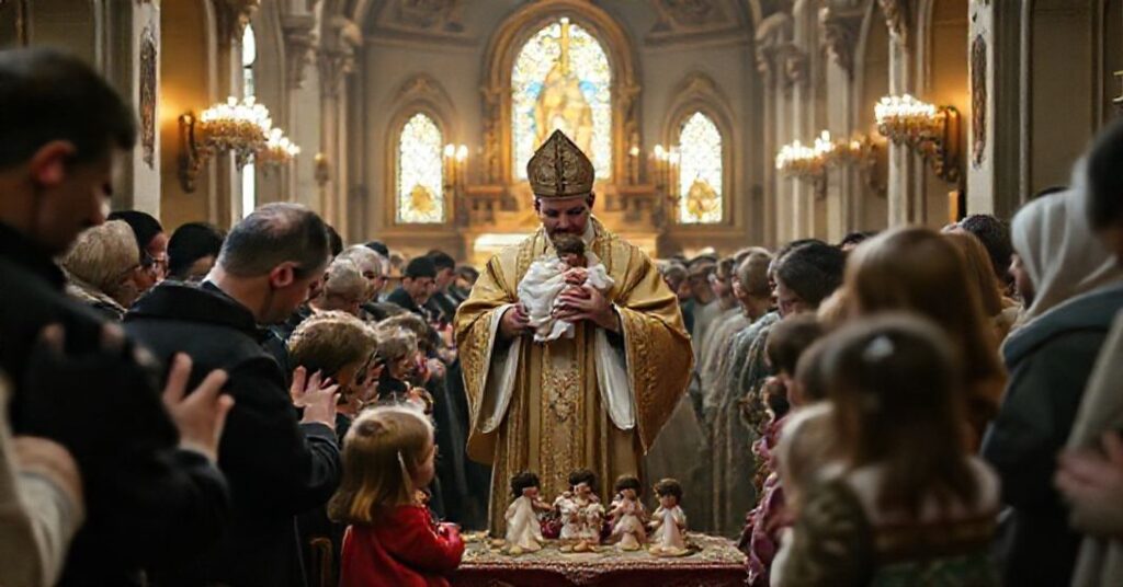 Tradycyjny wizerunek kościoła katolickiego z kapłanem trzymającym figurkę Dzieciątka Jezus podczas Adwentu