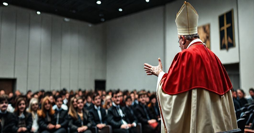 Grupa młodych ludzi podczas rekolekcji w Bydgoszczy, gdzie fałszywy biskup prowadzi spotkanie w modernistycznym stylu, bez prawdziwej głębi duchowej.