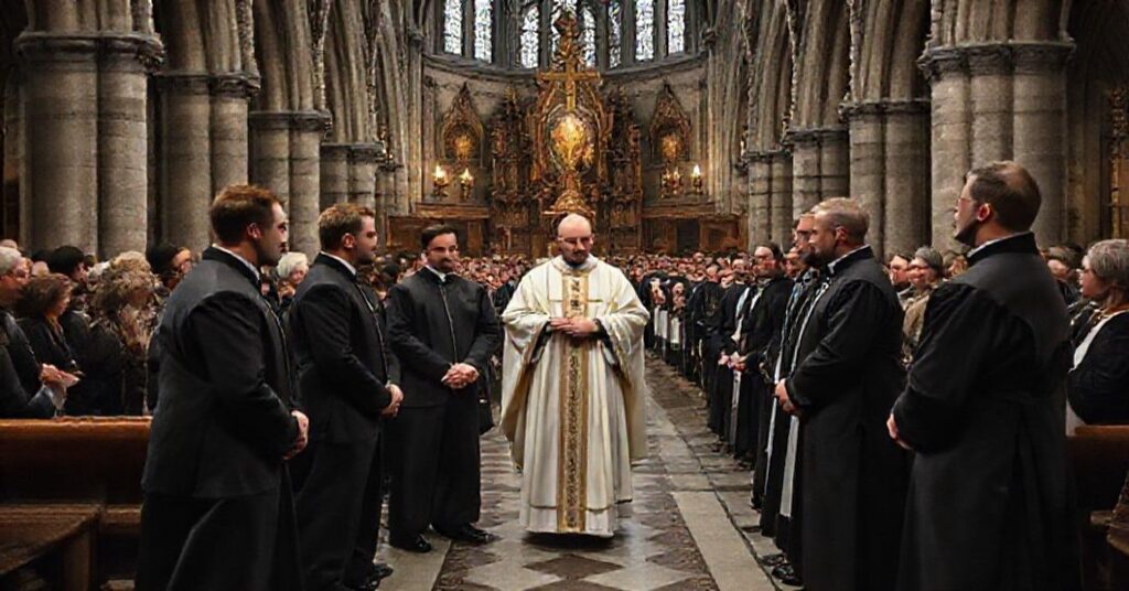 Scena w bydgoskiej katedrze podczas rzekomej „promocji” do „diakonatu stałego” pięciu żonatych mężczyzn przed fałszywym biskupem Krzysztofem Włodarczykiem. Atmosfera sakrilegium i tradycyjnej architektury kontra modernistyczne elementy.
