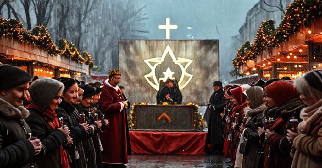 Scena na rynku świątecznym w Bydgoszczy z fałszywym biskupem i urzędnikami promującymi synkretyzm