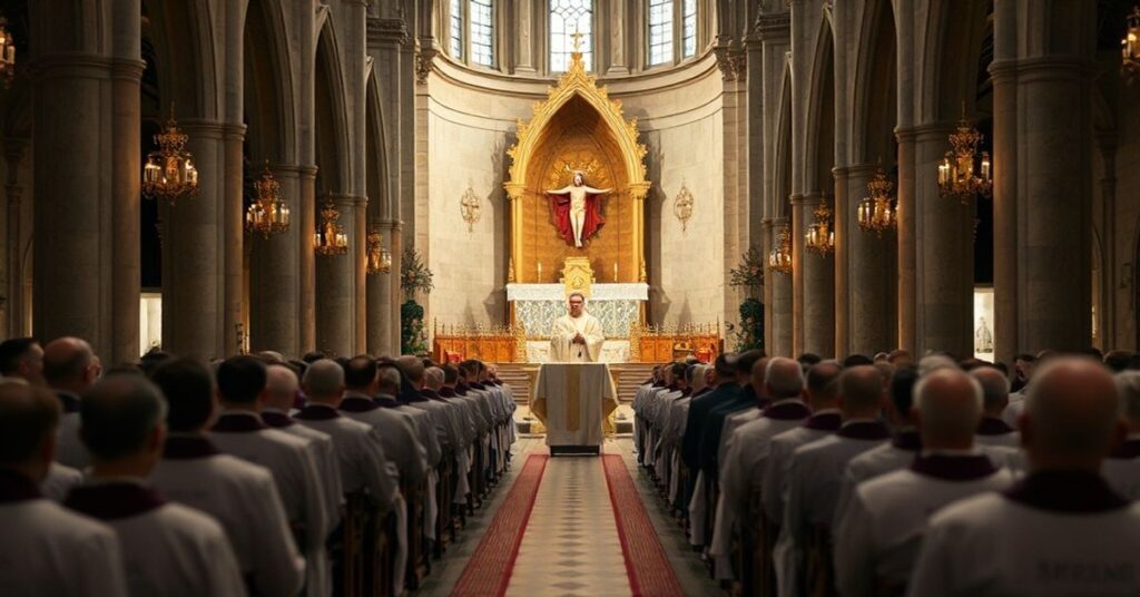 Scena z katedry w Bydgoszczy podczas fałszywej liturgii z udziałem posoborowego funkcjonariusza.