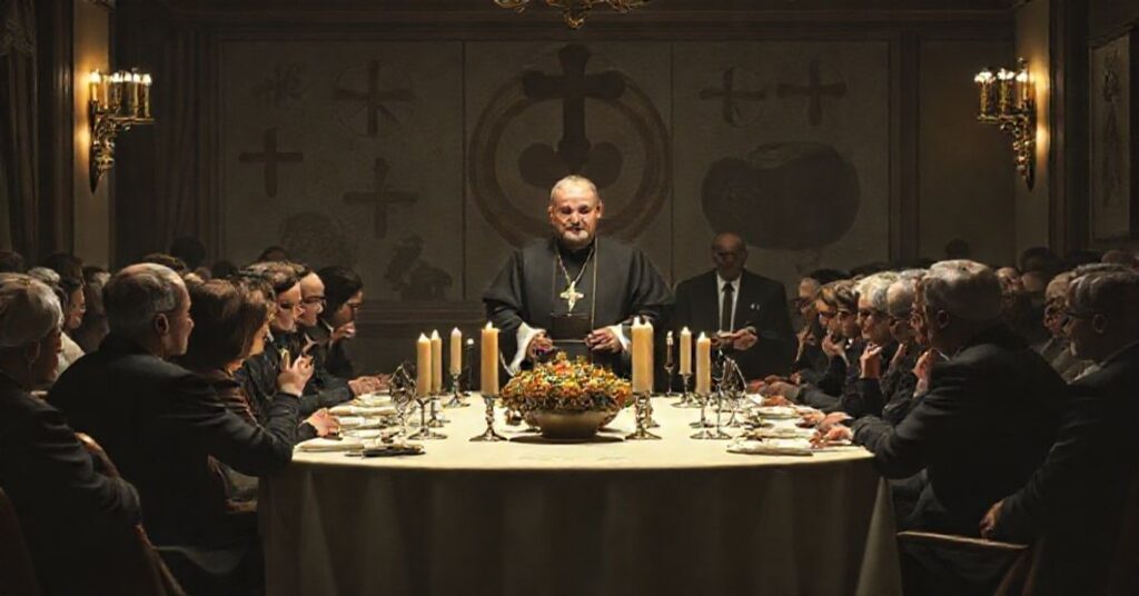 Realistyczny widok synkretycznej celebracji Opłatka Maltańskiego w Bydgoszczy z udziałem „biskupa” Krzysztofa Włodarczyka i „kapelana” ks. dr Waldemara Różyckiego w restauracji hotelowej.