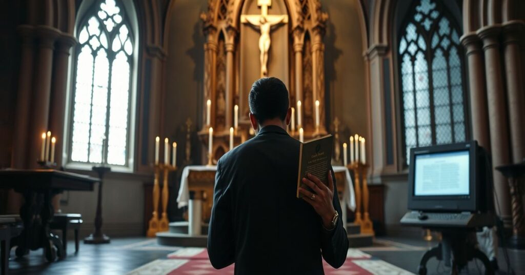 Były dyrektor Google Vic Gundotra modli się przed tradycyjnym ołtarzem w kościele gotyckim