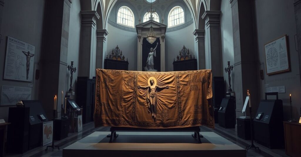 Święty Płótno z Turynu wyświetlane w nowoczesnej rzymskiej bazylice bez religijnego kontekstu