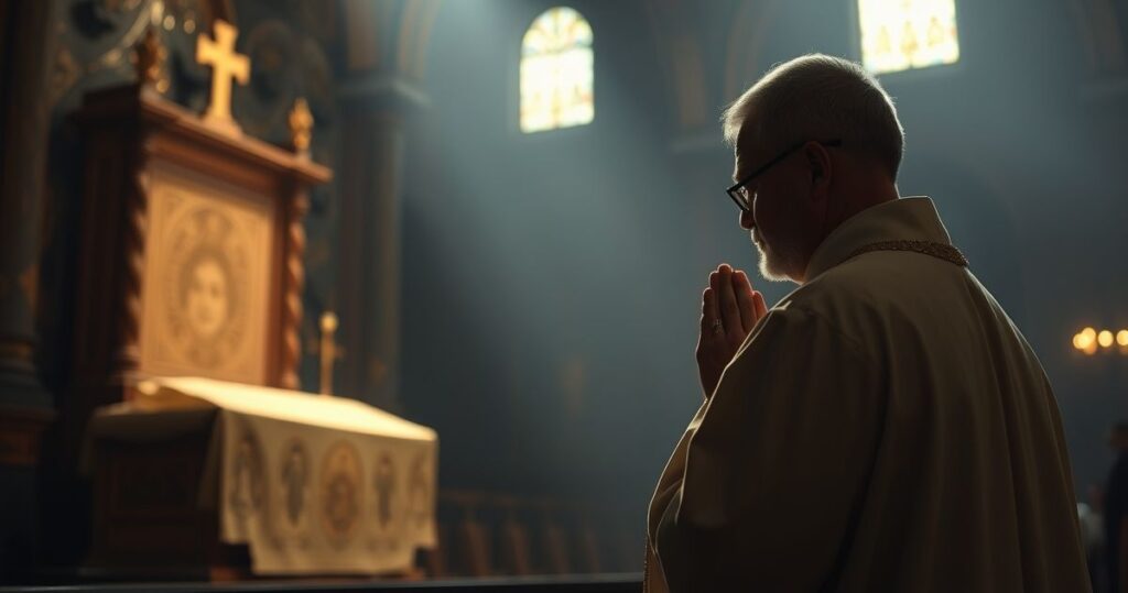 Reverentny obraz katolickiego kapłana modlącego się przed Całunem Turyńskim w kościele