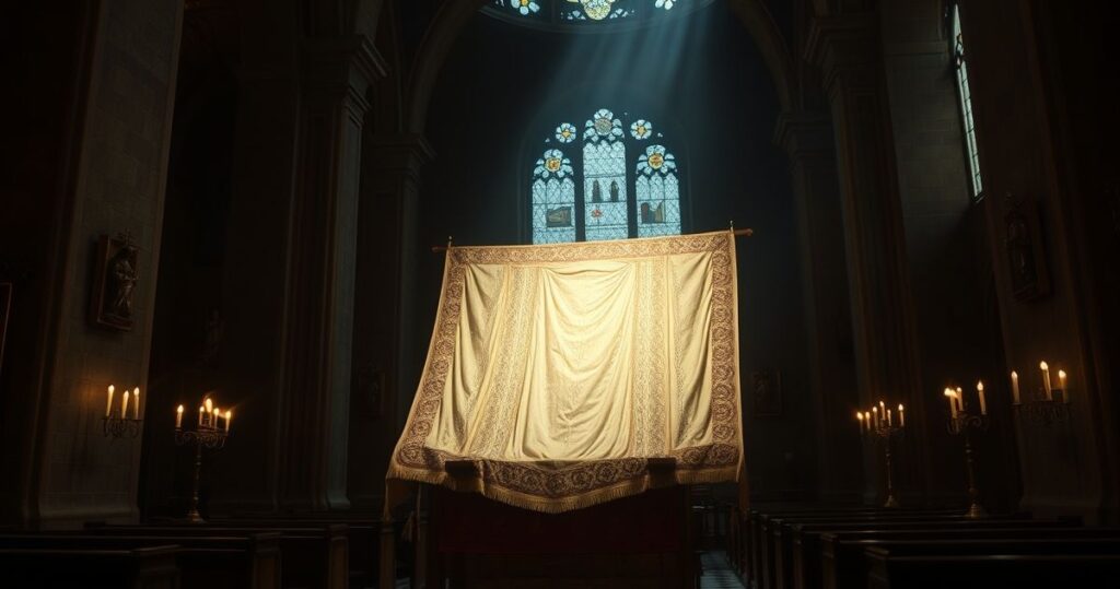 Rekonstrukcja Całunu Turyńskiego w religijnym kościele, podkreślająca jego sakralny i tajemniczy charakter.