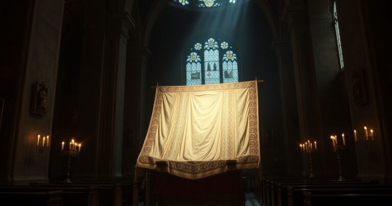 Rekonstrukcja Całunu Turyńskiego w religijnym kościele, podkreślająca jego sakralny i tajemniczy charakter.