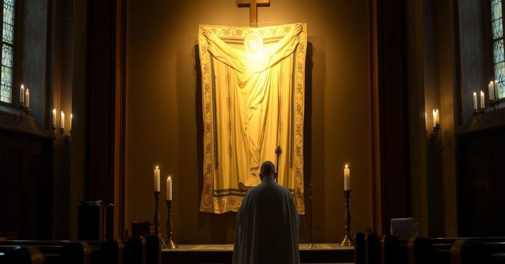 Całun Turyński w tradycyjnym kościele katolickim z kapłanem modlącym się w cieniu