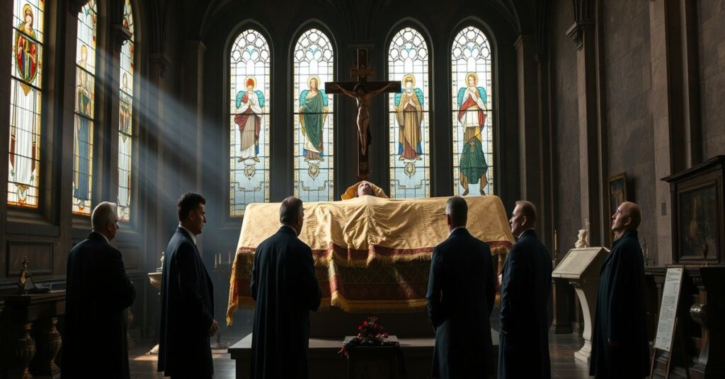 Ozdobna prezentacja Całunu Turyńskiego w rzymskiej bazylice św. Andrzeja della Valle z grupą akademików analizujących go jako artefakt historyczny.