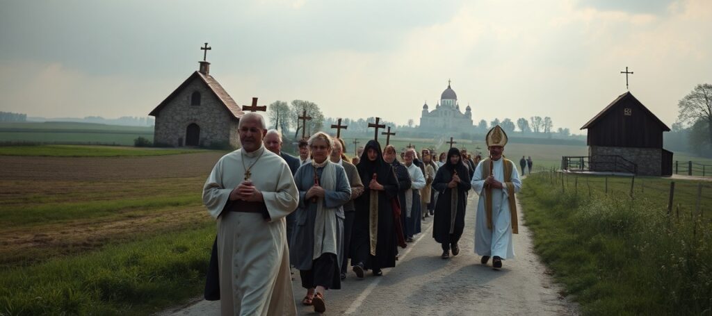 Grupa pielgrzymów wędruje drogą diecezjalną w Opolu pod przewodnictwem biskupa Andrzeja Czaji, symbolizując duchową pustkę i brak Chrystusa Króla w współczesnej pielgrzymce.