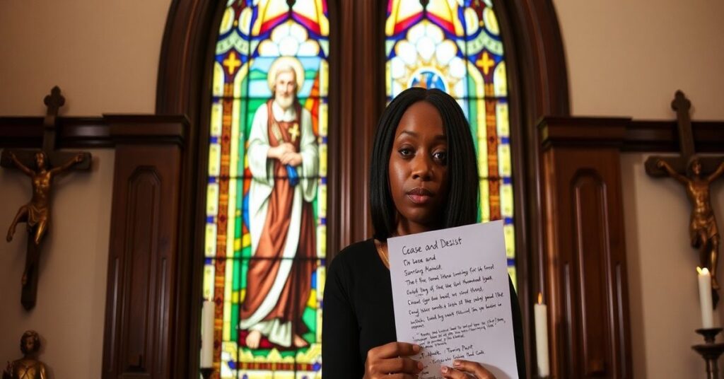 Candace Owens trzyma list "Zaprzestań i nie kontynuuj" od TPUSA w tradycyjnym katolickim otoczeniu z witrażem św. Tomasza z Akwinu.