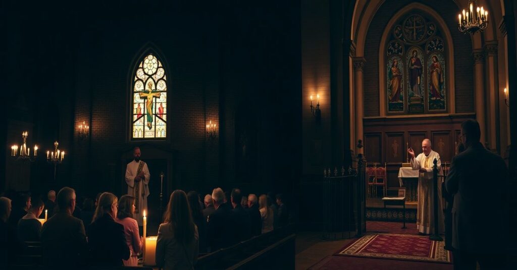 Candetlitek wiernych przed kościołem modlący się za duszę Sheridan Gorman