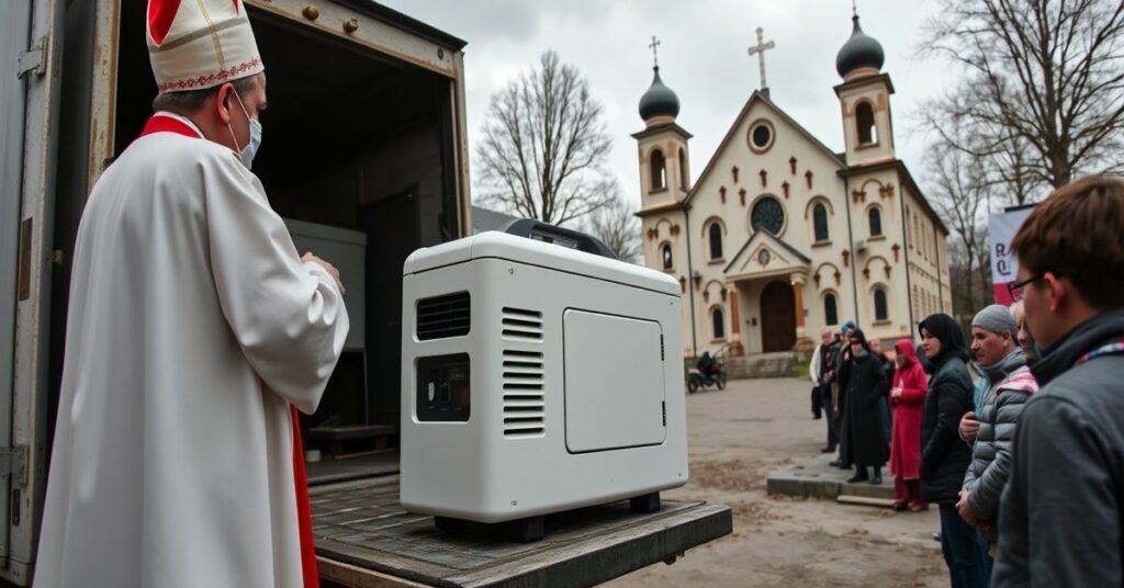 Obraz przedstawiający "kardynała" Grzegorza Rysia przekazującego środki na zakup generatora dla ośrodka rehabilitacyjnego w Kijowie przez struktury Ukraińskiego Kościoła Greckokatolickiego.