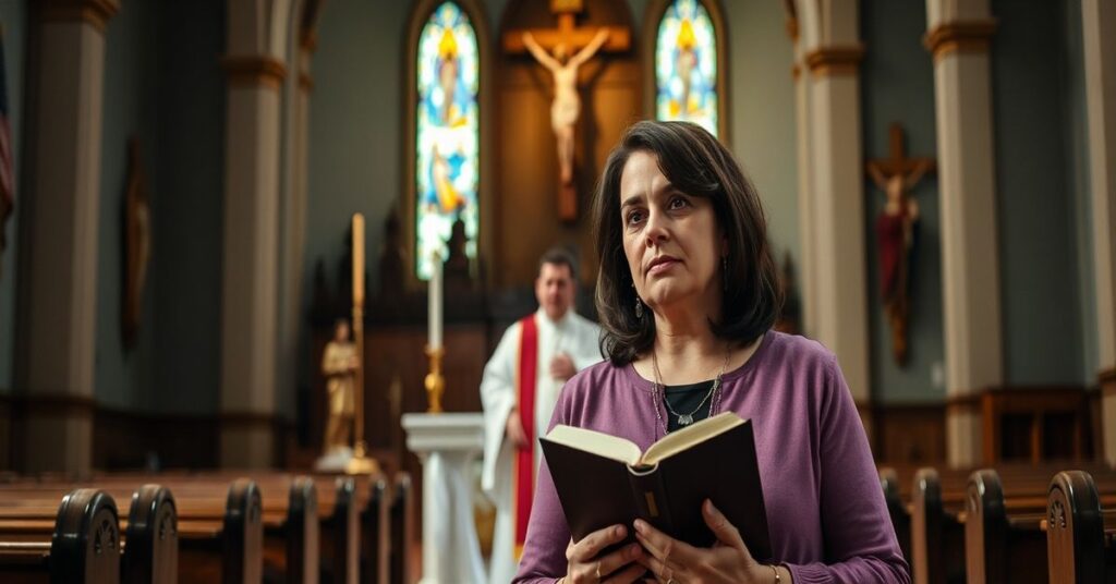 Kobieta katolicka Carrie Prejean Boller w tradycyjnym stroju kościelnym trzymająca Biblię przed biskupem Josephem Bamberą.