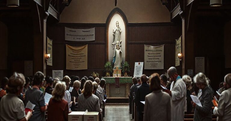 Pusty kościół zachwiany przez działania Caritas, symbolizujący apostazję i sekularyzację przestrzeni sakralnej