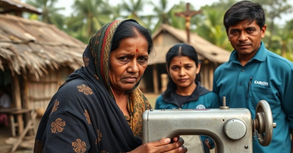 Kobieta z Bangladeszu - 'wdowa po tygrysie' - otrzymuje maszynę do szycia od pracowników Caritas Bangladesh
