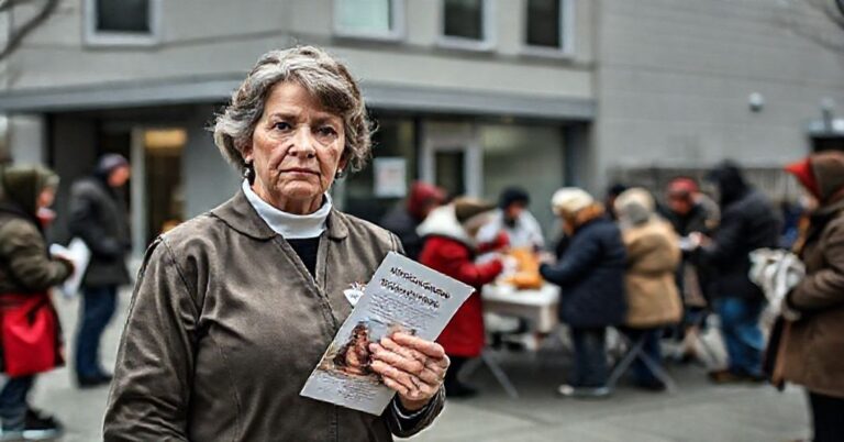 Kobieta w mundurze Caritas stoi smutna przed ośrodkiem pomocy społecznej bez obecności sakramentalnej