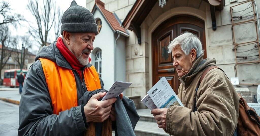 Tradycyjny katolicki pracownik Caritas w Radomiu rozdaje ubrania bezdomnemu, bez odniesienia do duchowego wymiaru pomocy.