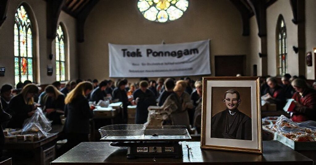 Scena w sali kościelnej z wolontariuszami Caritas Bielsko-Biała zbierającymi żywność bez akcentu na wymiar duchowy