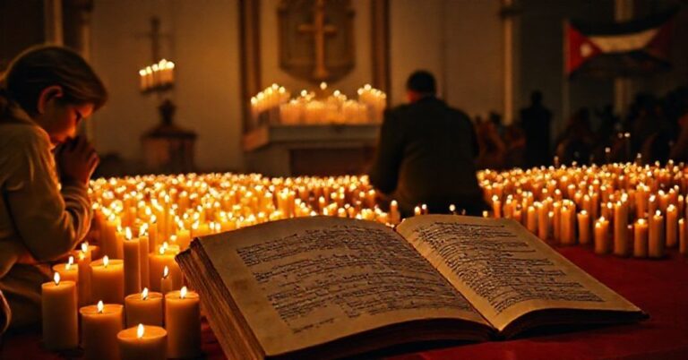 Rodzina katolicka modli się przy wigilijnym stole z 70 tysiącami świec Caritas w Kieleckiej Diecezji.