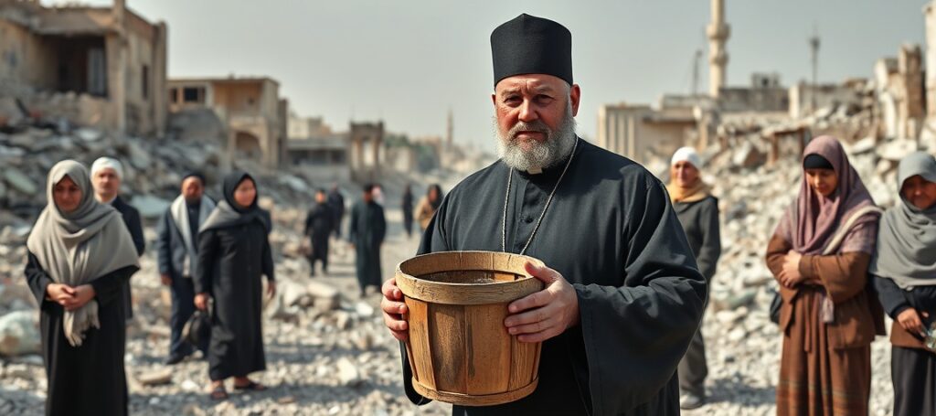 Kapłan w czerni trzymający wiadro z wodą wśród gruzów Gazy – Caritas Jerozolima bez duchowego wymiaru pomocy humanitarnej