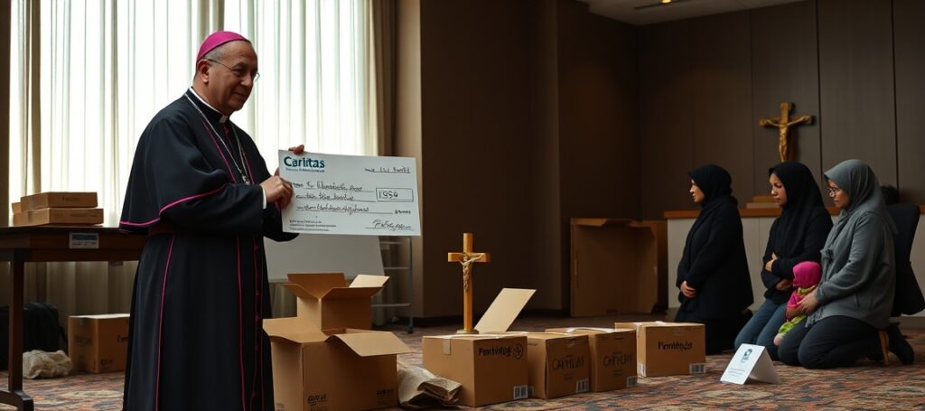 Biskup w czarnej sutannie odbiera czek Caritas Internationalis w sali konferencyjnej podczas pomocy humanitarnej w Wenezueli po trzęsieniu ziemi - symboliczny obraz apostazji struktur kościelnych