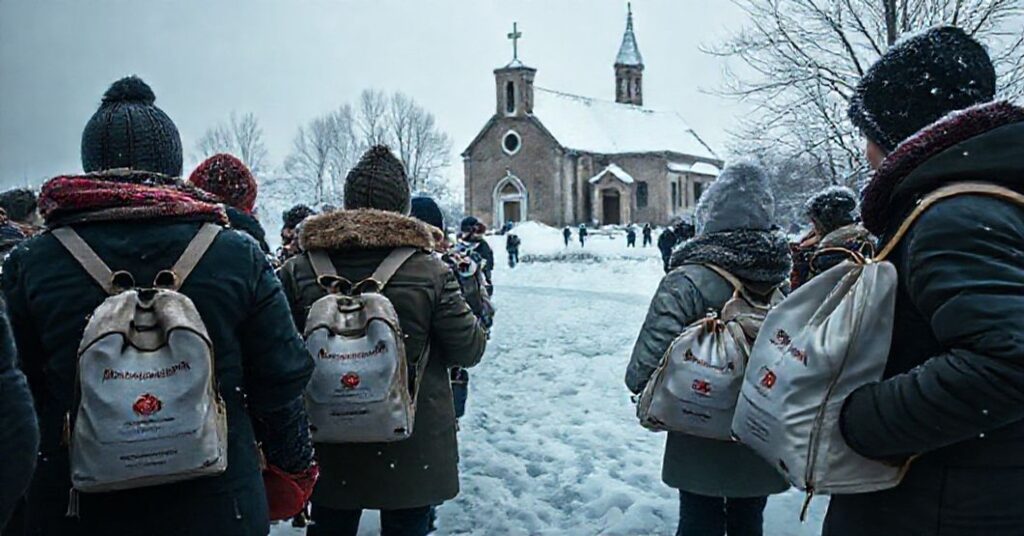 Półmrokowa scena z rozdawaniem bezsymbolicznych plecaków dobroci przez Caritas w Kielcach podczas zimy, bez jakichkolwiek religijnych elementów.