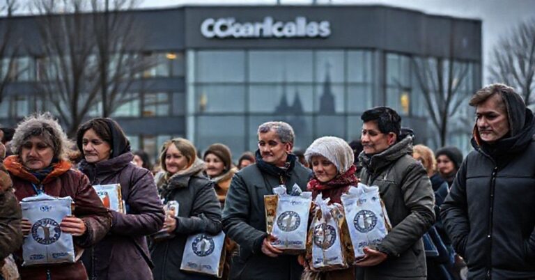 Pesymistyczna scena w Kielcach przedstawiająca ludzi odbierających paczki żywnościowe od pracowników Caritas z logami Unii Europejskiej. W tle widoczny jest nowoczesny budynek z napisem 'Caritas Kielce' i słabo widocznym kościołem.