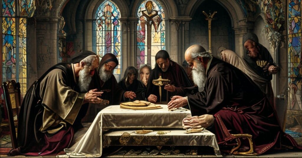 Kapelan katolicki udzielający namaszczenia chorym w hospicjum z widokiem na współczesnych wolontariuszy piekących pierniczki