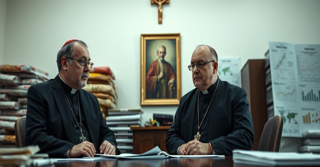 Scena w kieleckiej kurii biskupiej - pretendenci do kapłaństwa dyskutują o pomocy humanitarnej bez odniesienia do Chrystusa