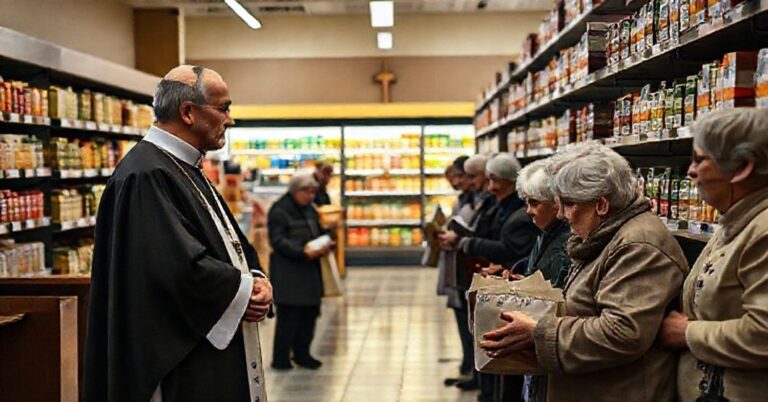 Tradycyjny ksiądz w sutannie stoi przed ołtarzem kościoła podczas gdy starsze osoby otrzymują pakiety żywnościowe od wolontariuszy Caritas na tle sklepowej regału z tanimi towarami.