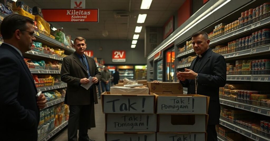 Realistyczny obraz akcji Caritas Kieleckiej w supermarketzie, z kontrastem między materialnym miłosierdziem a brakiem sakralnych elementów.