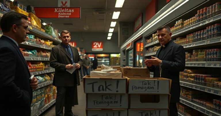 Realistyczny obraz akcji Caritas Kieleckiej w supermarketzie, z kontrastem między materialnym miłosierdziem a brakiem sakralnych elementów.