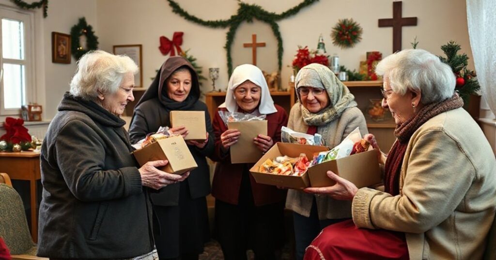 Starsze osoby otrzymują świąteczne paczki od wolontariuszy Caritas Kieleckiej bez elementów religijnych