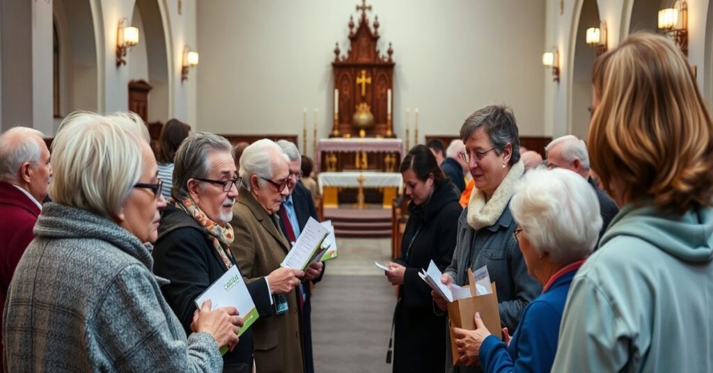 Grupa seniorów otrzymuje karty przedpłacone od wolontariuszy Caritas w kościele bez widocznego elementu duchowego.