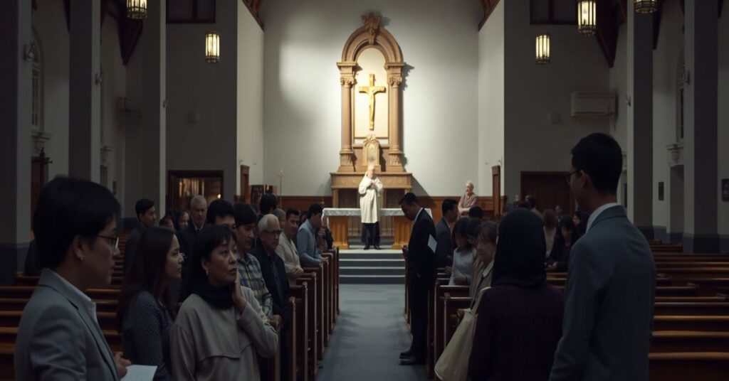 Wnętrze tradycyjnego kościoła z Caritasem rozdającym pomoc materialną bez elementów duchowych.