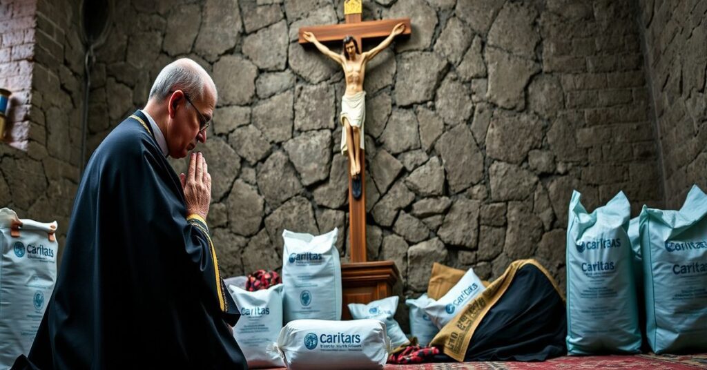 Obraz tradycyjnego katolickiego księdza w ornacie modlącego się przed krzyżem na tle zniszczonej Ukrainy z pakietami pomocy Caritas. Akcent na duchowym wymiarze cierpienia.