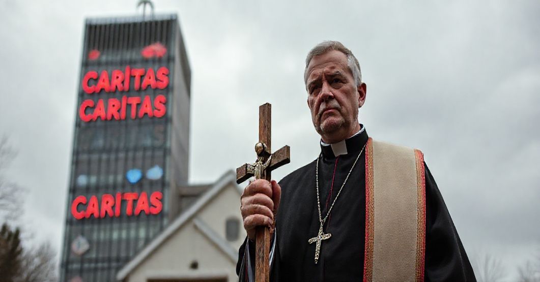 Księż w tradycyjnym stroju liturgicznym z krzyżem, stojący przed kościołem, z tłem tłem Caritas w tłu, symbolizując zdradę chrześcijańskiego miłosierdzia.